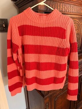 The Reeds Pink and Red Rugby Stripe Knit Woven Button Detail Sweater--Medium